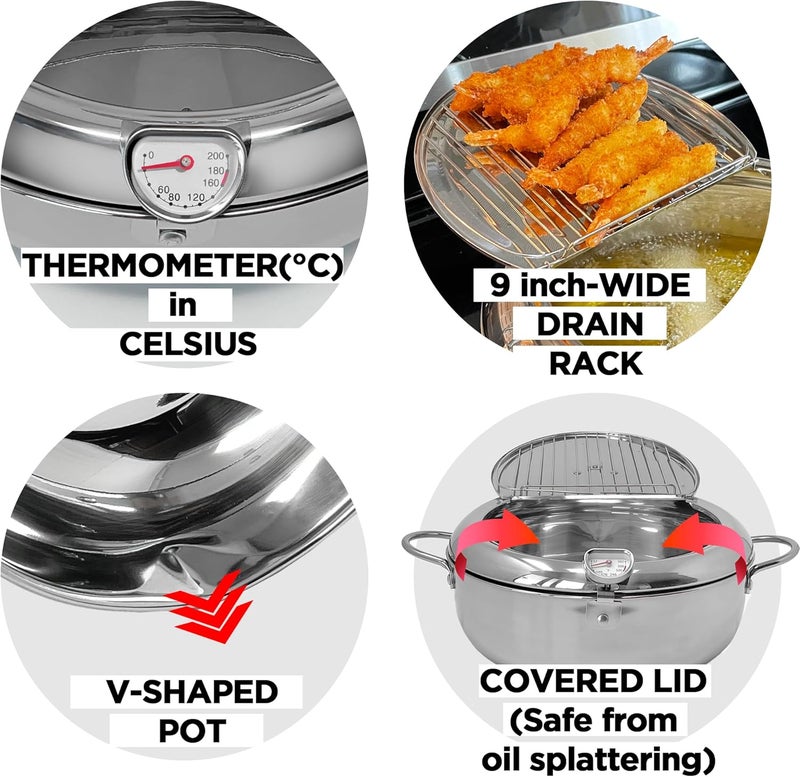 Saltlas Deep Fryer Pot (°C), 11"/4.4Qt (4.2 L) Extra Large Tempura Frying Pot with Lid, 304 Stainless Steel Fry Pot with Temperature Control and Oil Drip Drain Rack - Image 3